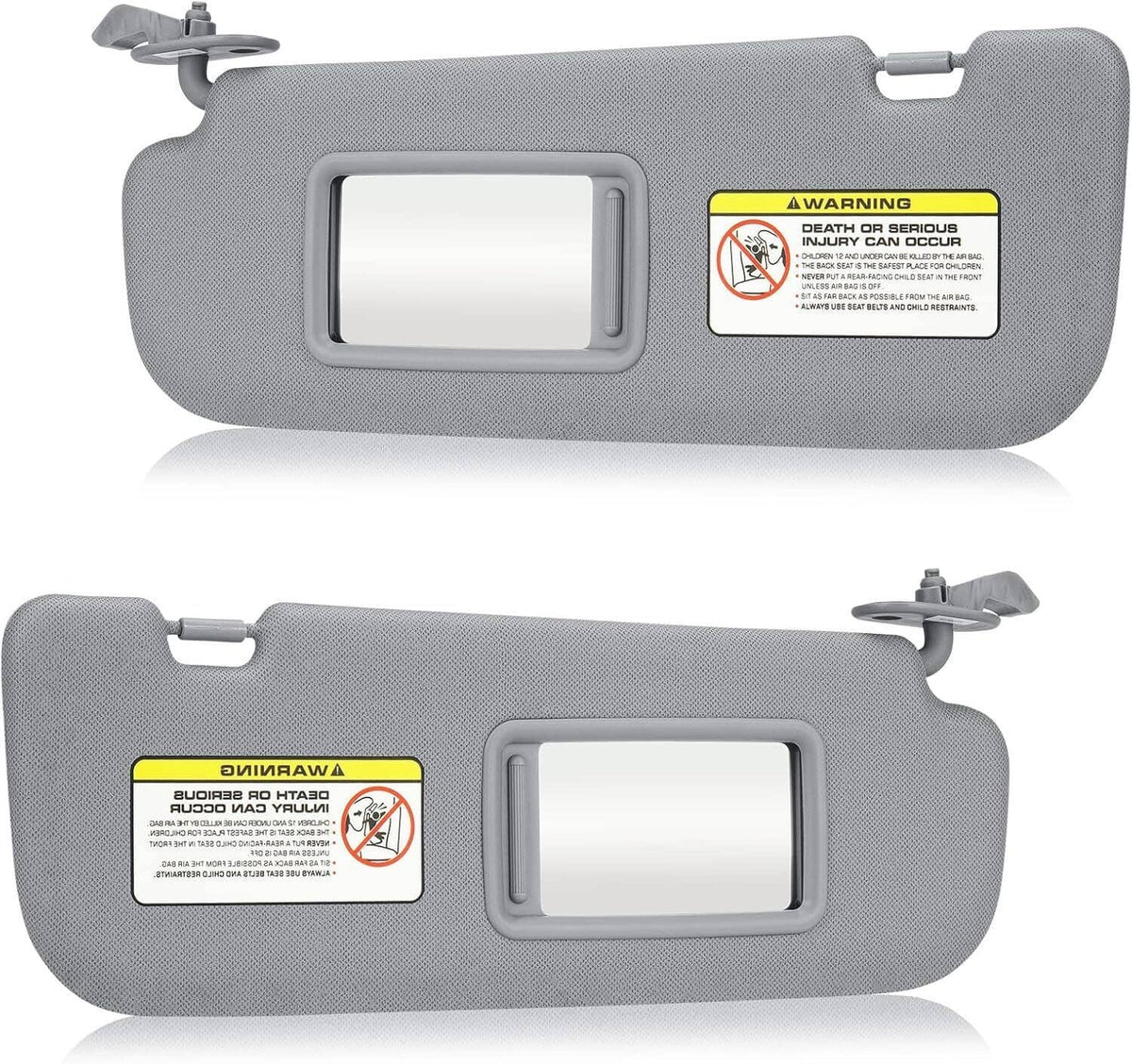 Pair of gray sun visors with rectangular mirror openings and attached mounting hardware