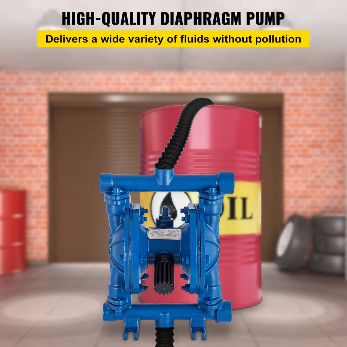 Blue double diaphragm pump with top air muffler and front diaphragm chamber cover
