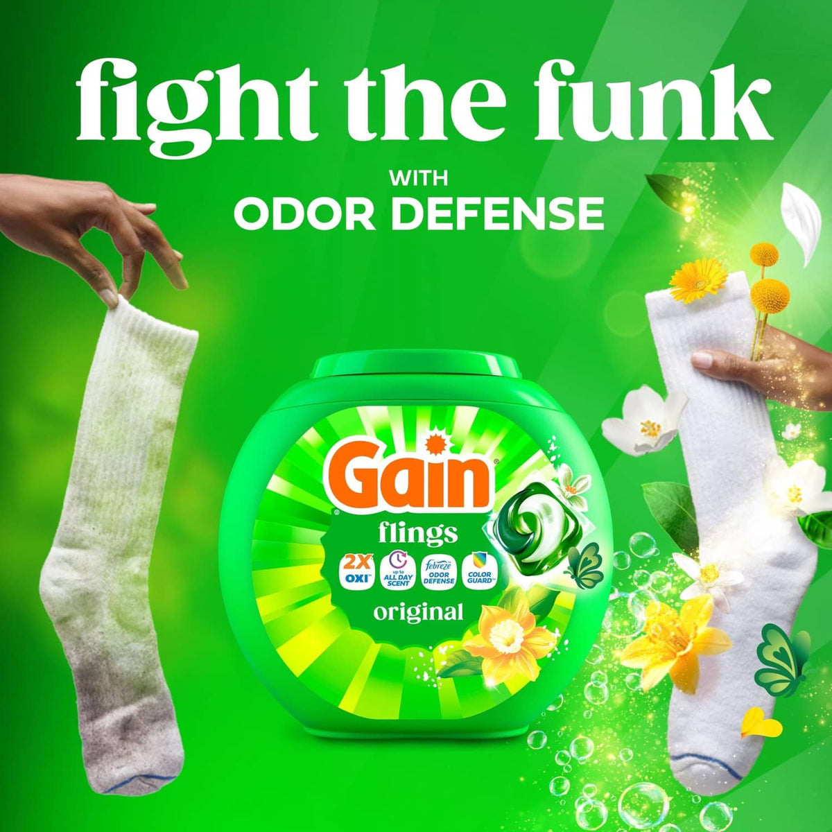 Green Gain flings detergent pod tub with odor-defense theme and detergent pods