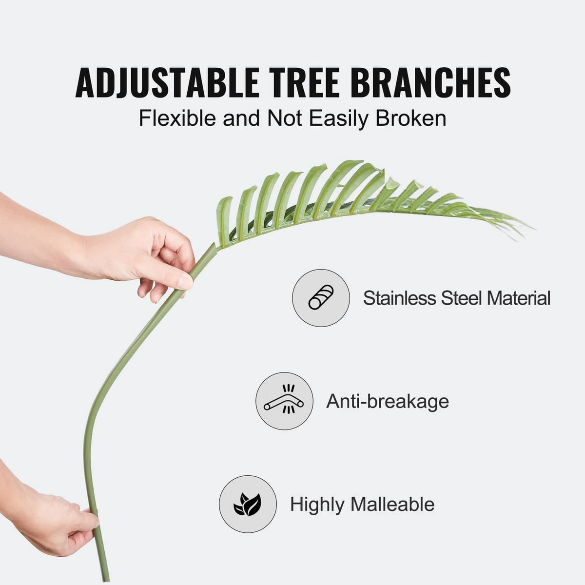 Adjustable artificial palm branches with green fronds on flexible stems