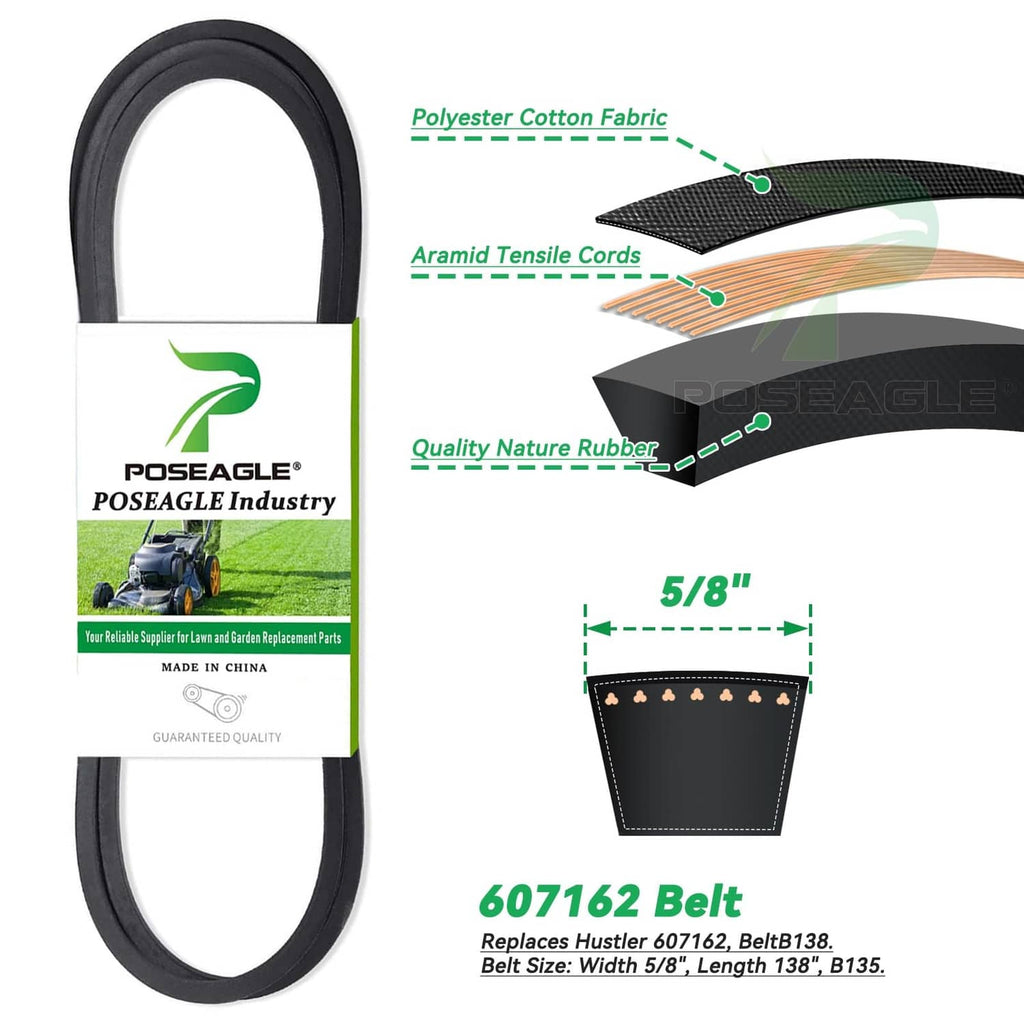Rubber lawn mower drive belt, 5/8 in width and 138 in length, black belt