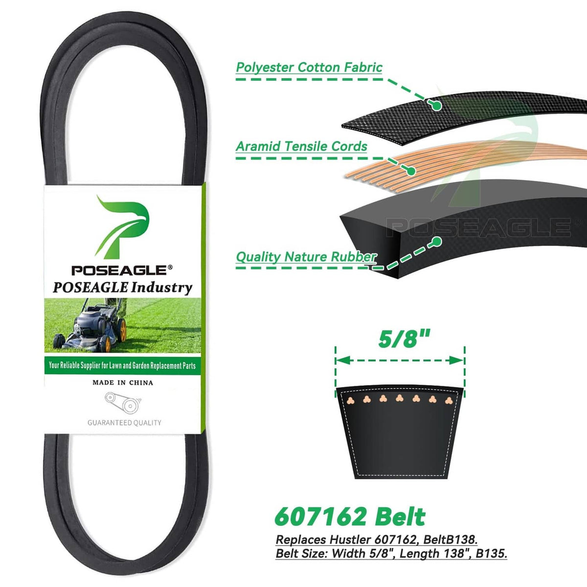 Rubber lawn mower drive belt, 5/8 in width and 138 in length, black belt