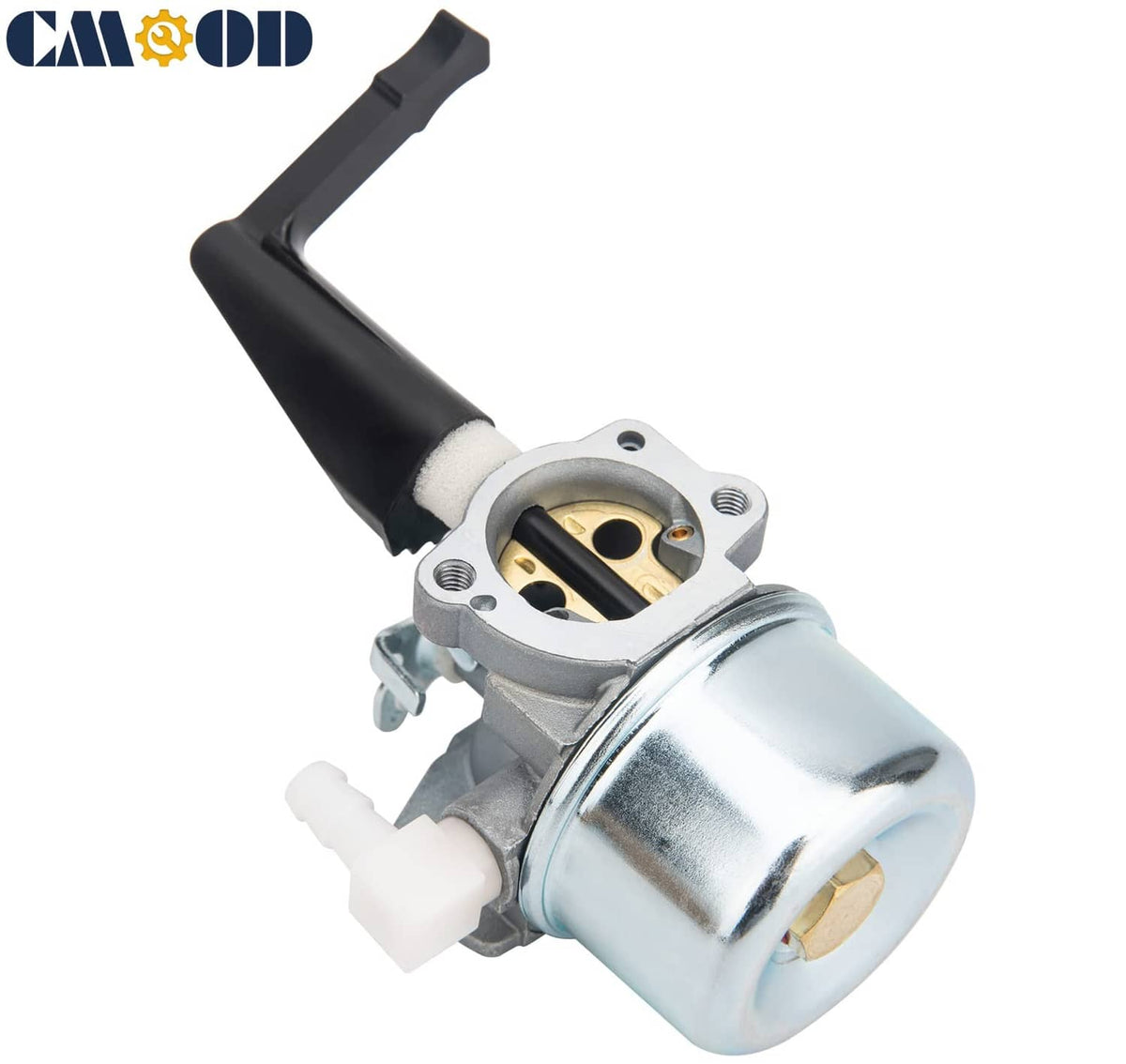 Carburetor with black intake elbow and metal bowl fuel chamber