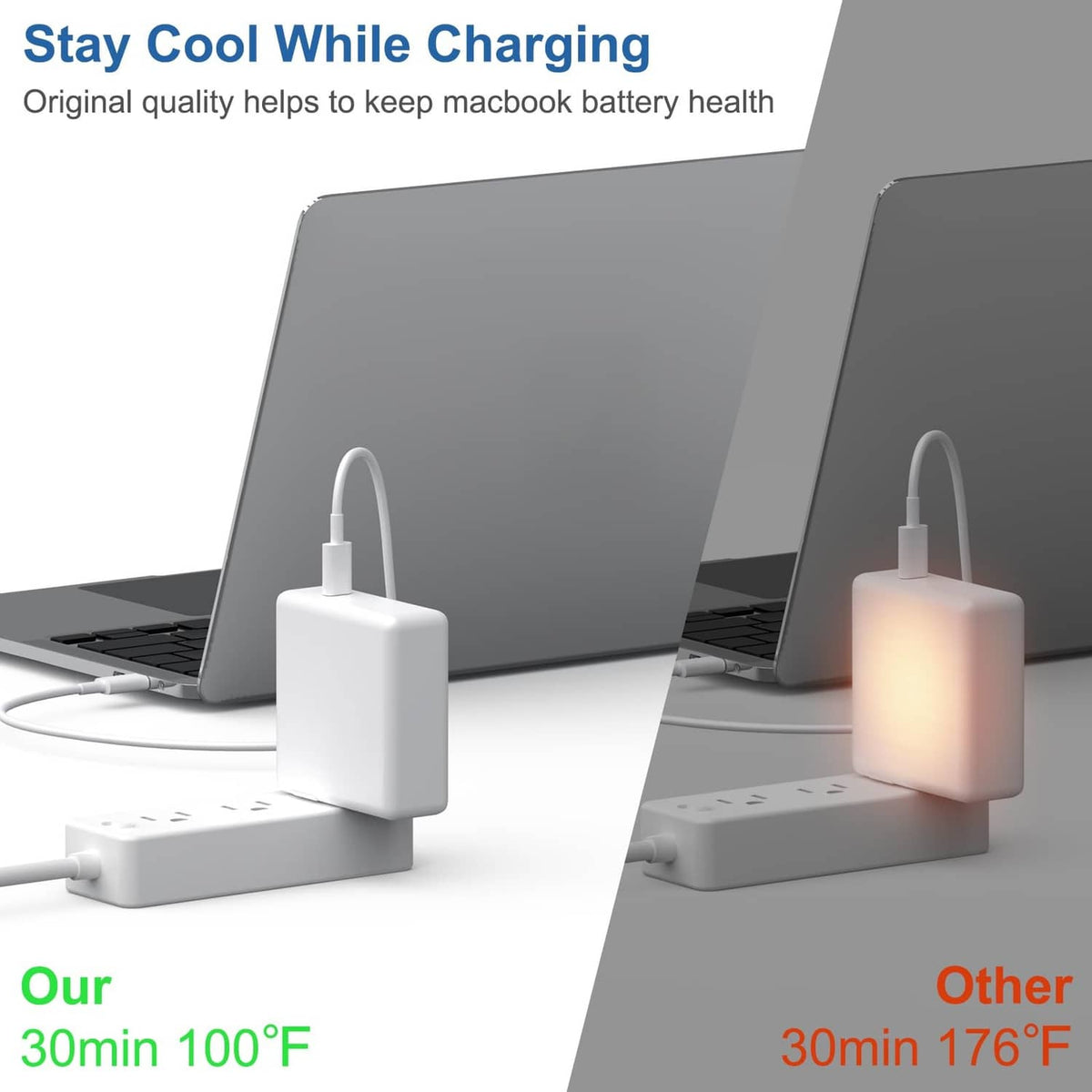 White USB-C charger with cable standing on a laptop base, cooling shown