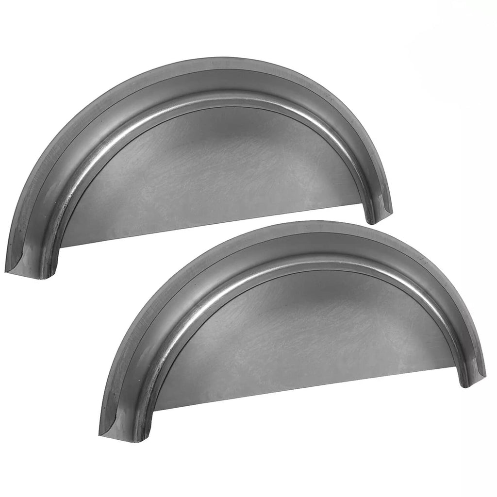 Pair of round galvanized steel trailer fenders with dark inner mounting edges