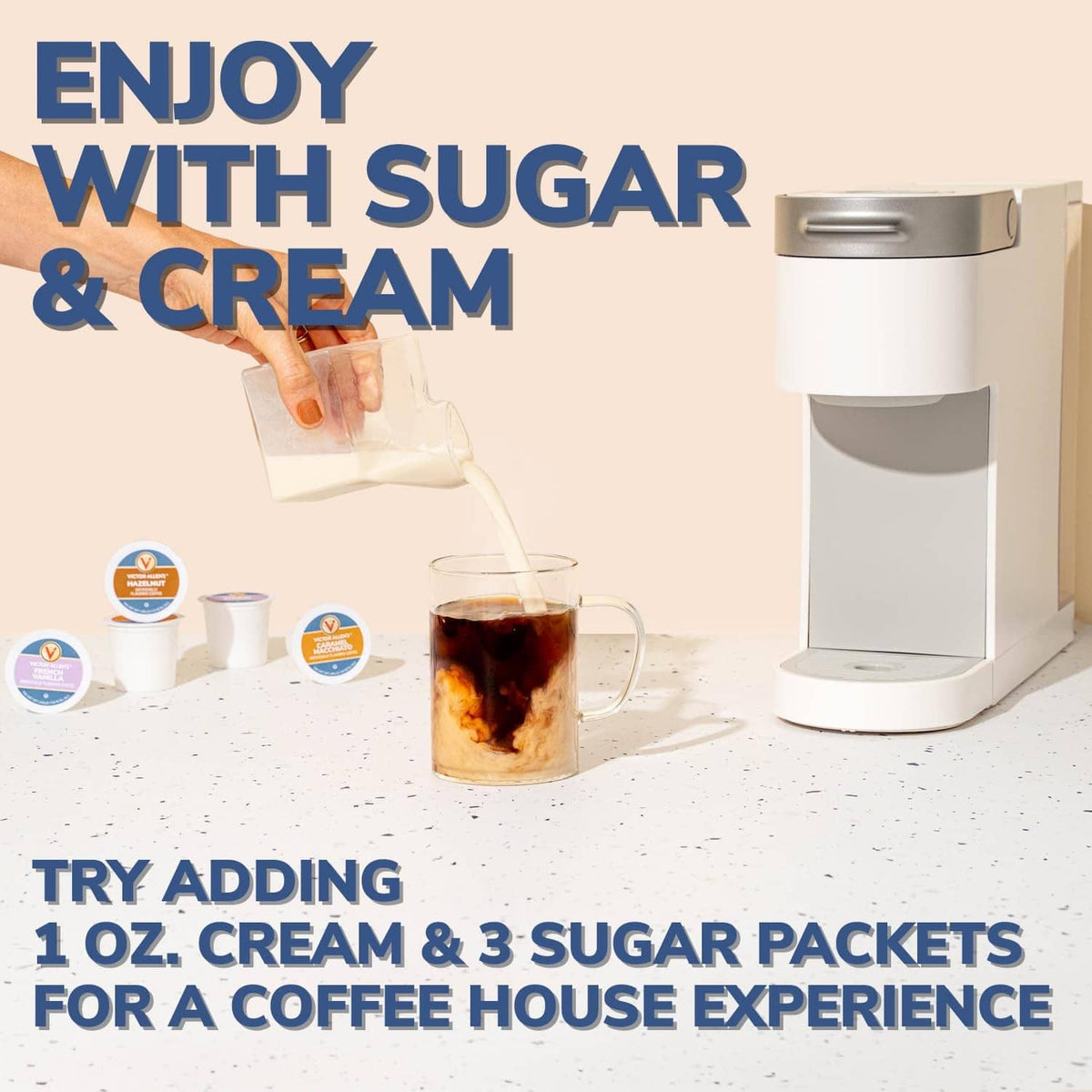Single-serve coffee setup with pods and machine, enjoy with sugar and cream