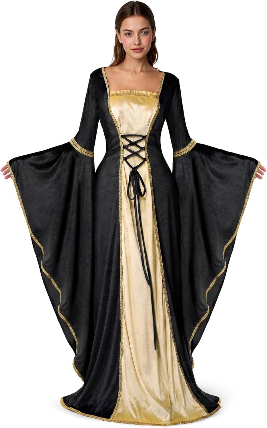 Black velvet renaissance dress with cream satin skirt, lace-up front, and gold-trimmed cape sleeves