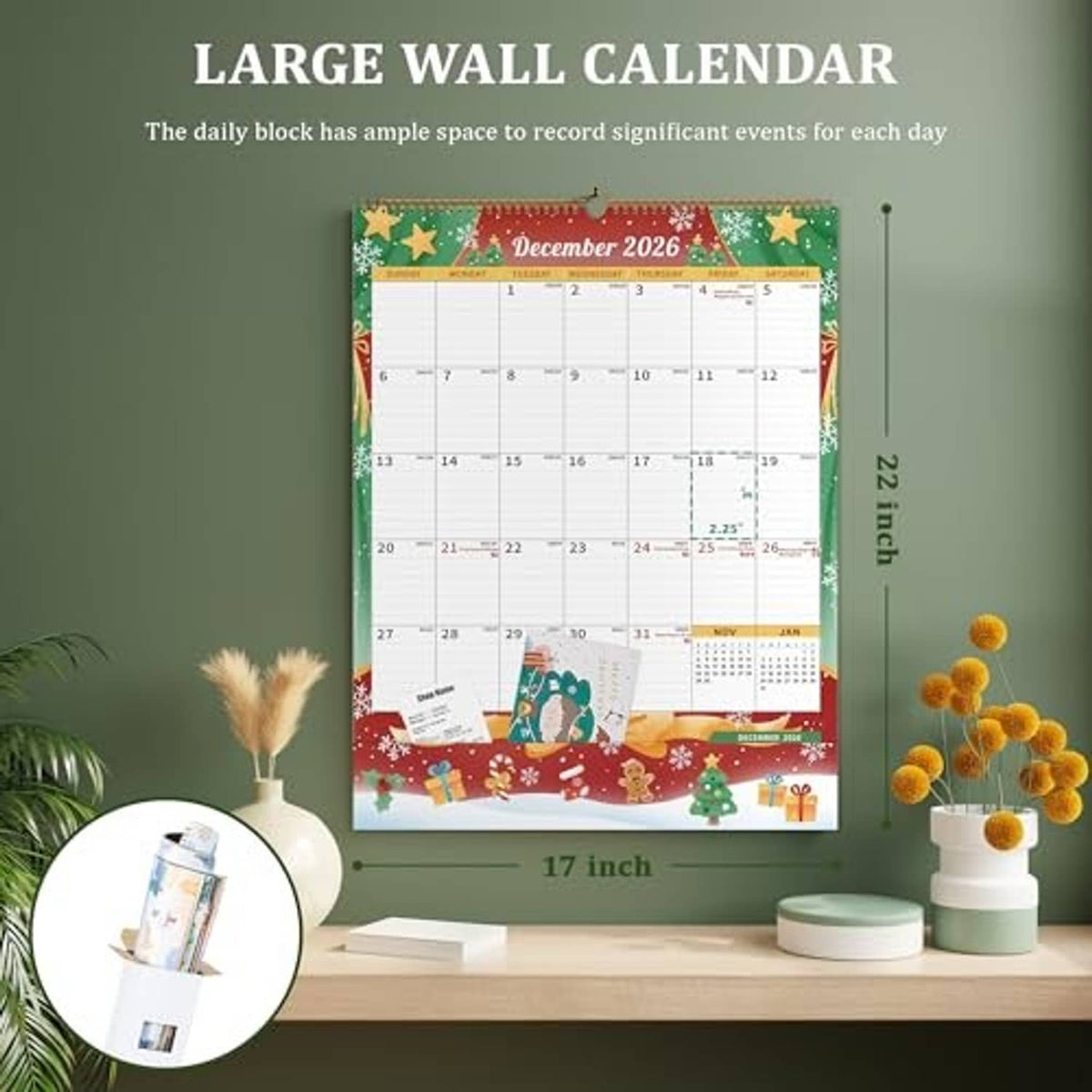 Wall-mounted 2026-2027 calendar with 17-inch size callout and corner inset