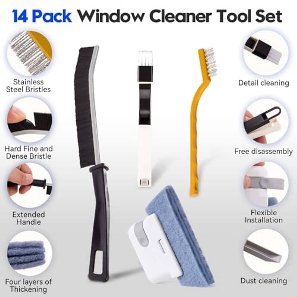 Window groove cleaning tool set with long slim handle, dense bristles, and detailed brush