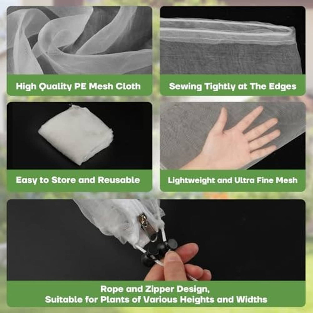 White PE mesh plant netting with tight stitched edges, zipper and drawcord