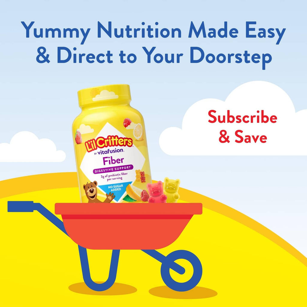 Kids fiber gummy bears bottle with multi-color gummy bears in a serving bowl