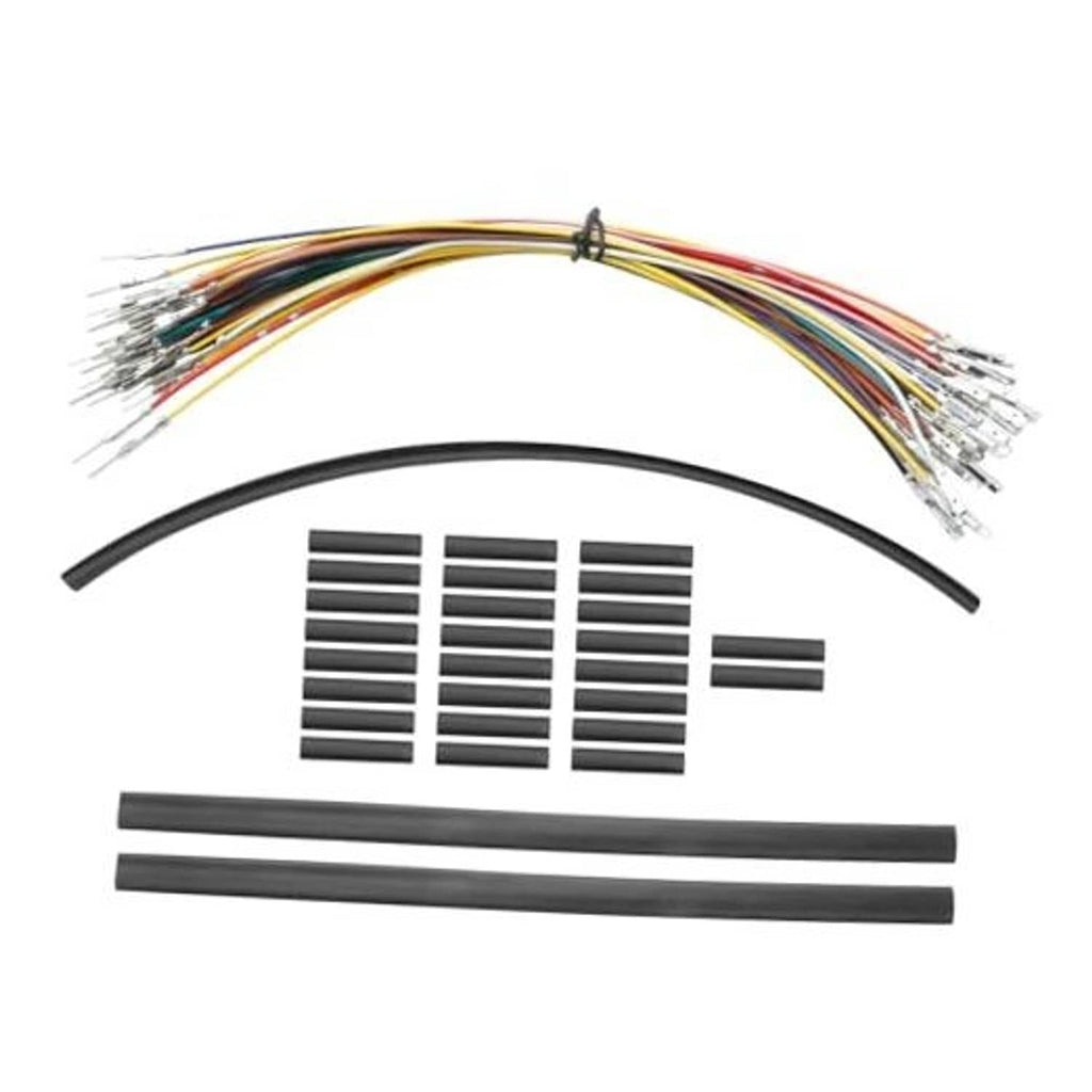 Handlebar wiring extension harness with multicolor wire leads and black heat-shrink tubing