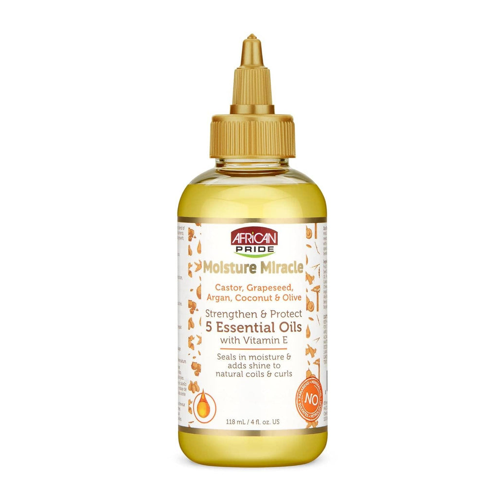 Hair oil bottle with gold pump-style cap and amber liquid