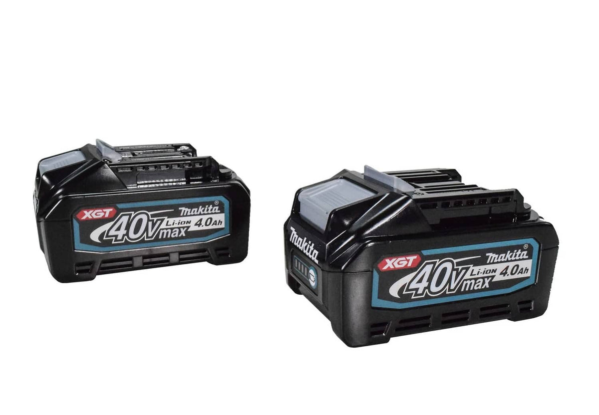 Makita XGT 40V Max 4.0Ah lithium-ion battery, 2-pack, angled front view