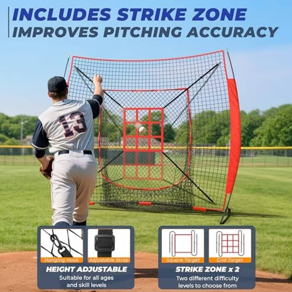 Baseball pitching practice net with red frame and square strike zone target, outdoor field use
