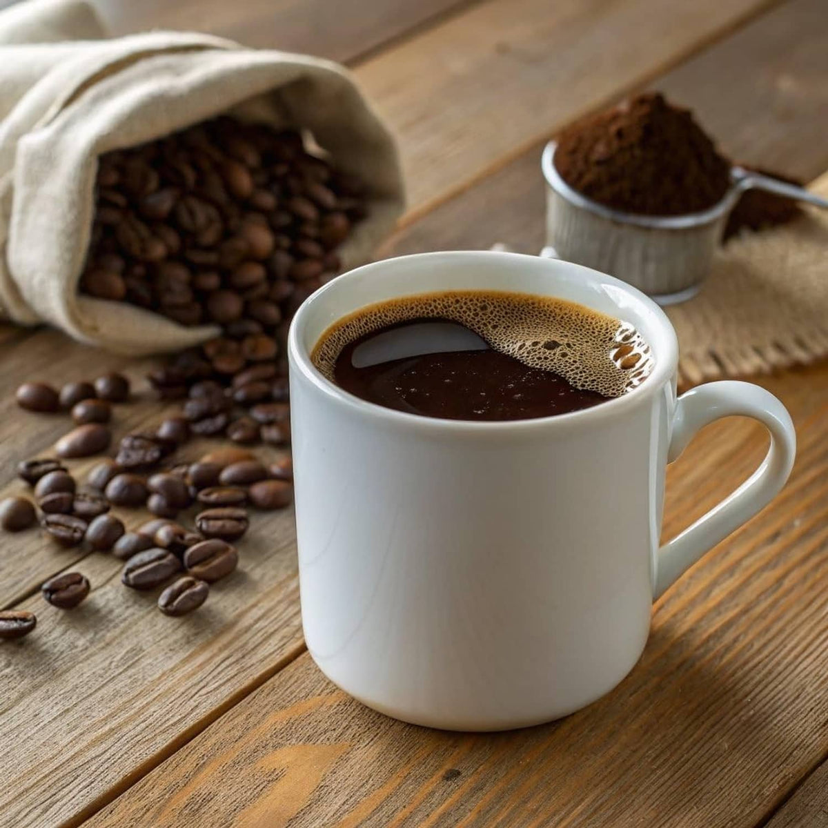 White coffee mug filled with dark brewed coffee, with scattered coffee beans nearby
