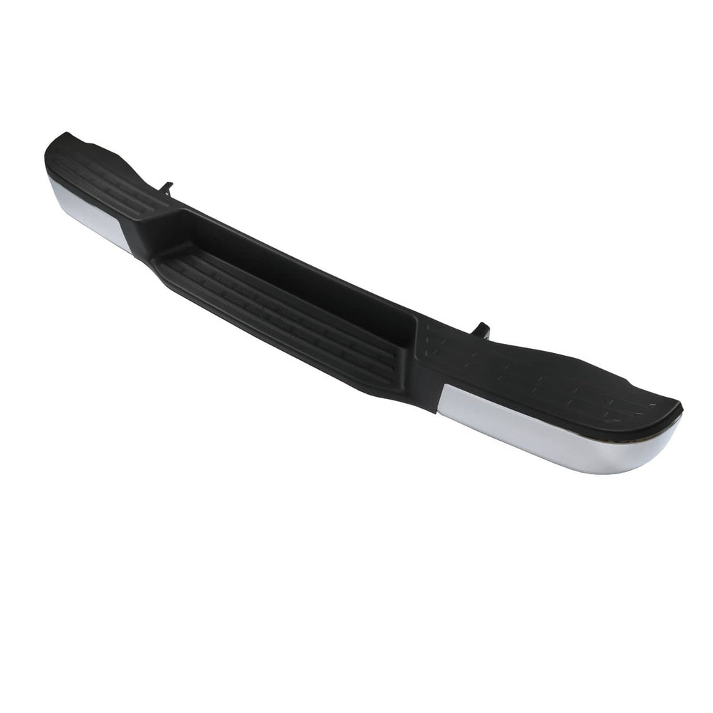 Rear bumper assembly, black lower step with silver trim, underside detail
