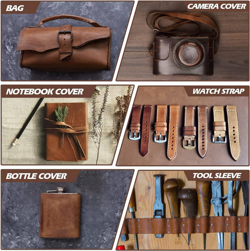 Leather sheets styled as bag, notebook cover, watch strap, bottle cover, and tool sleeve