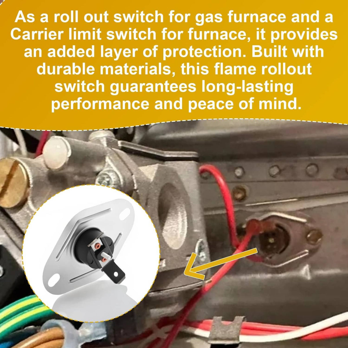 Flame rollout switch with black sensor, terminals, and red wire leads