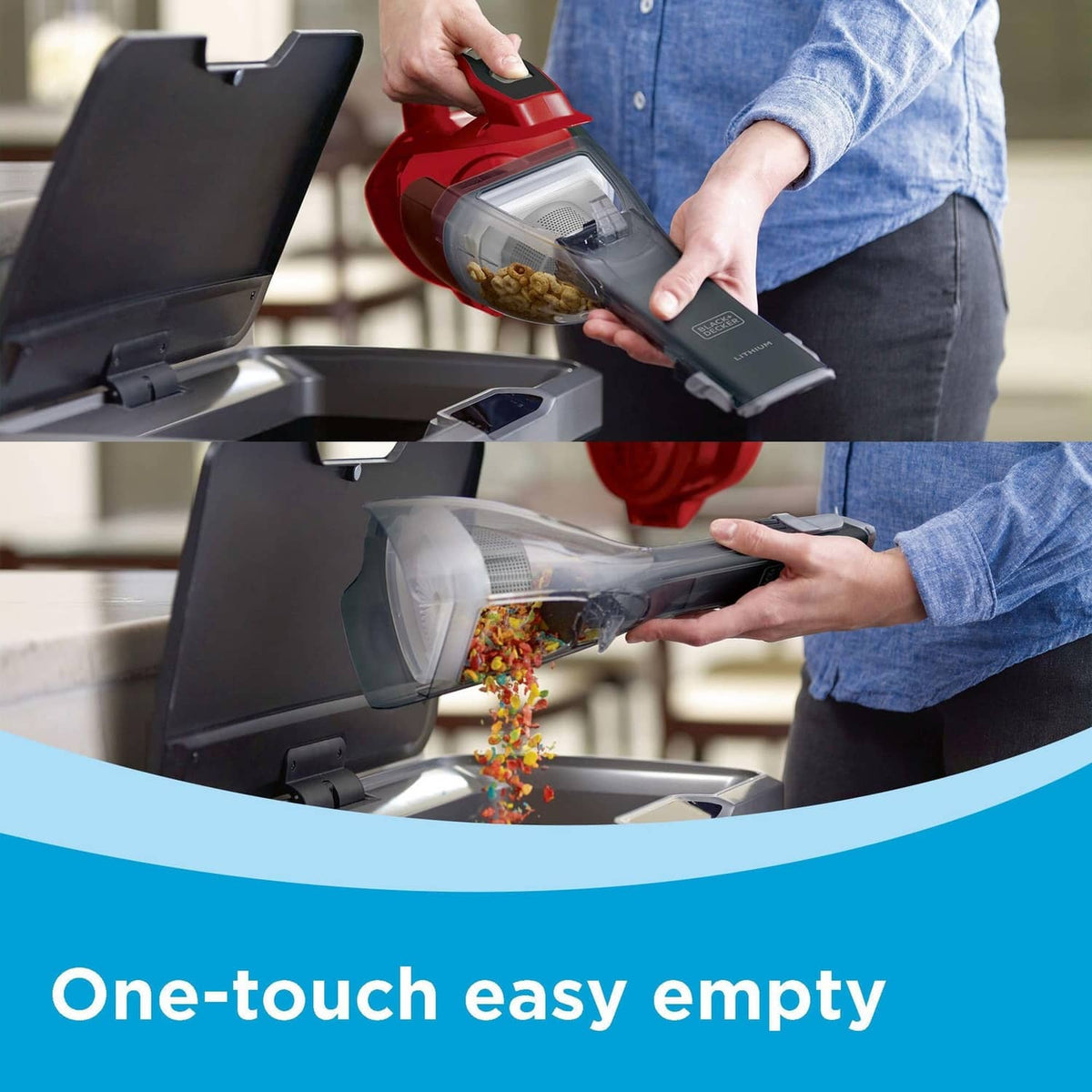 Cordless handheld vacuum emptying into a docking base with clear bagless dirt bowl