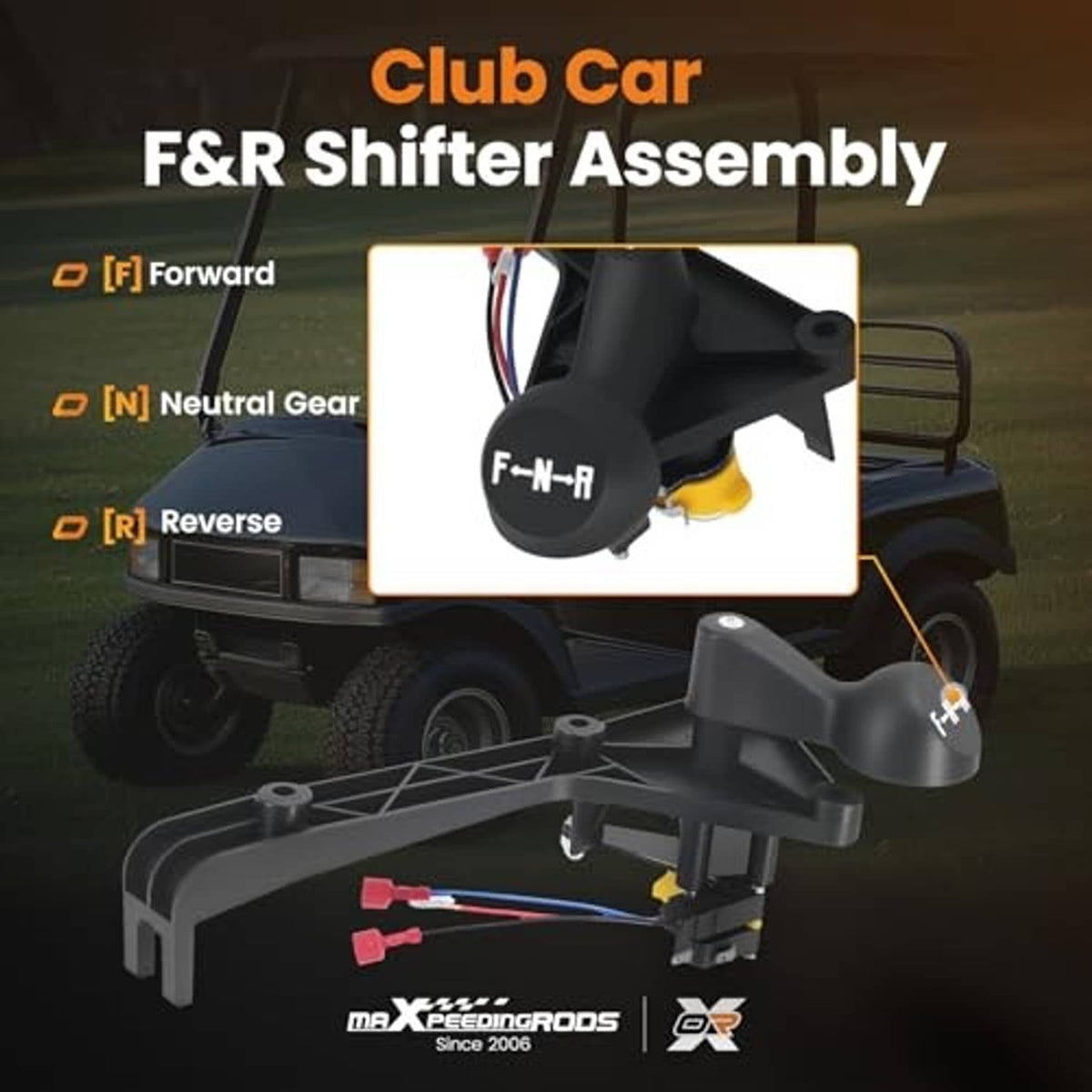 Forward and reverse shifter assembly with F-N-R labeled black handle and mounting bracket