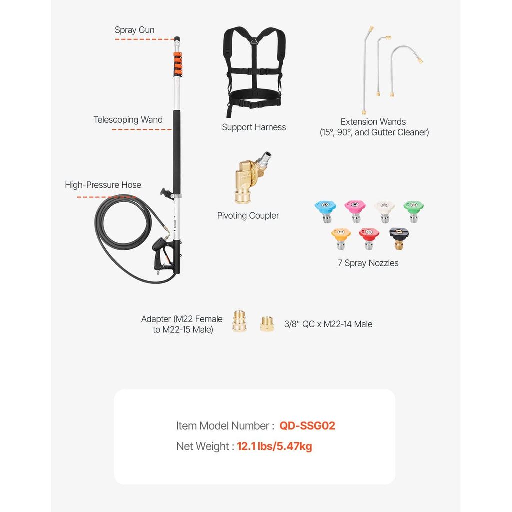 Pressure washer wand kit diagram with spray gun, hose, harness, extensions, and 7 nozzles