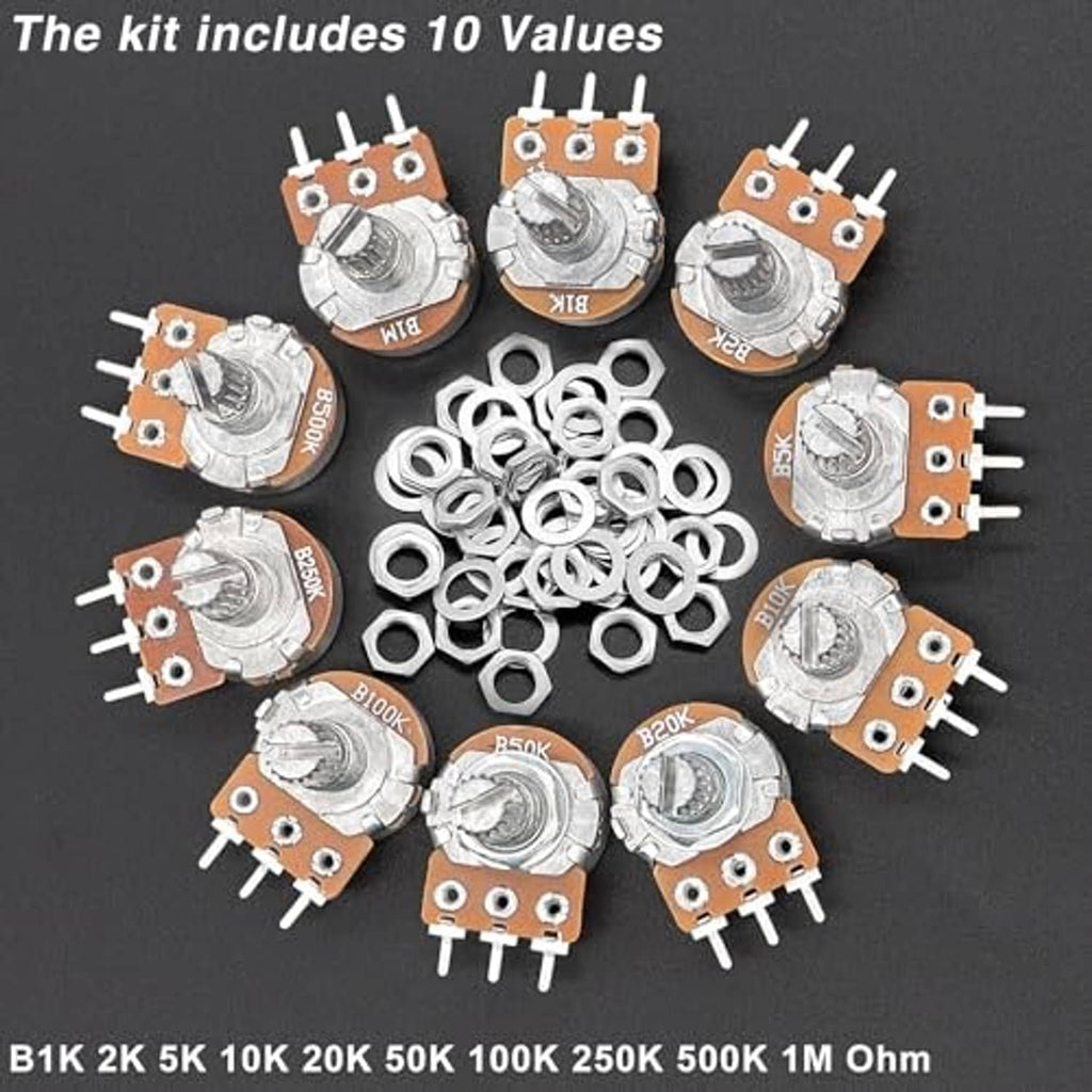 Assorted potentiometers with black knobs, brown PCBs, metal shafts, and mounting hardware