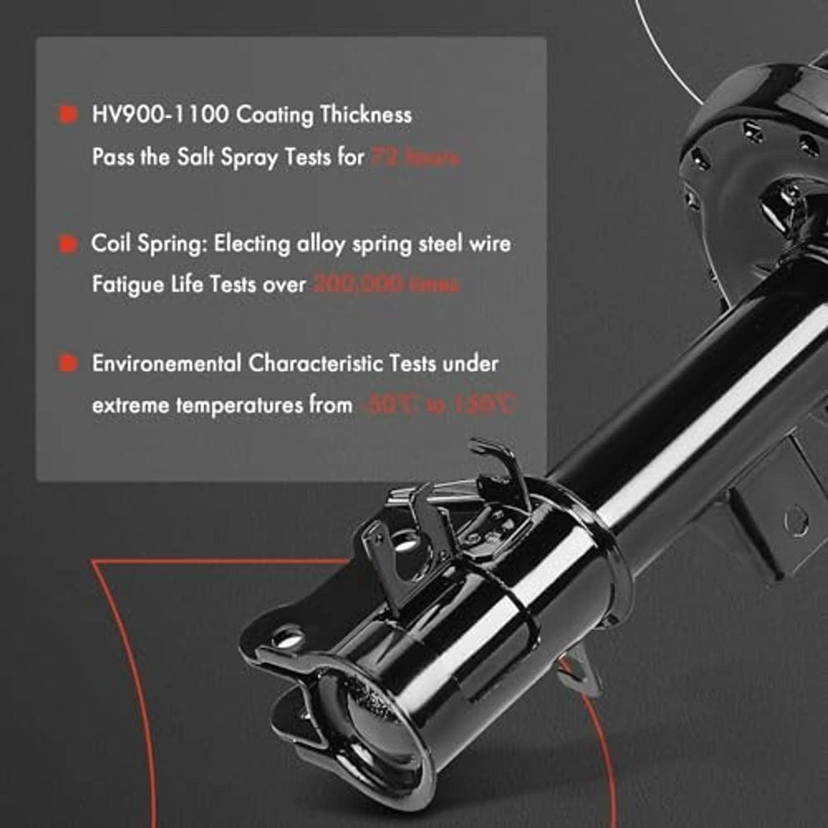 Front strut assembly close-up with black rod and mount, showing protective coating