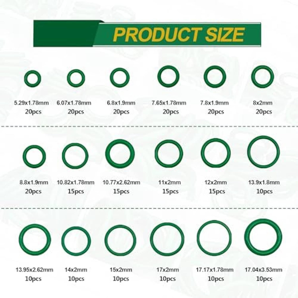 Green O-ring size chart with multiple ring diameters and quantities shown
