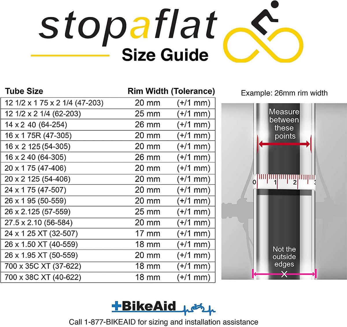 Stop-a-flat size guide chart for matching rim width tolerance and tube size.