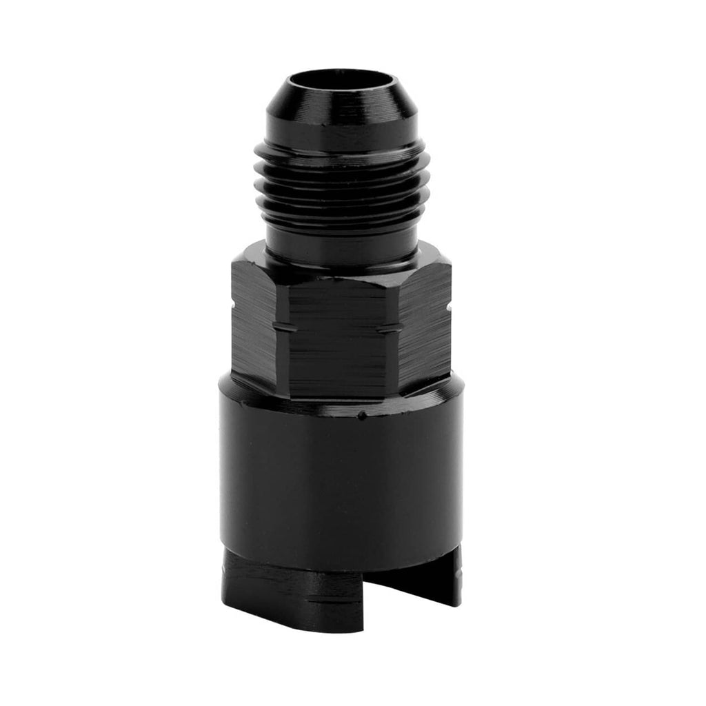 Black AN 8 fuel adapter fitting, side view with threaded connection and quick-connect opening