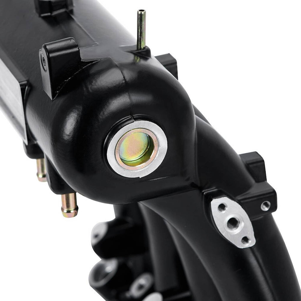 Black intake manifold with rainbow-ring sensor fitting and side vacuum port