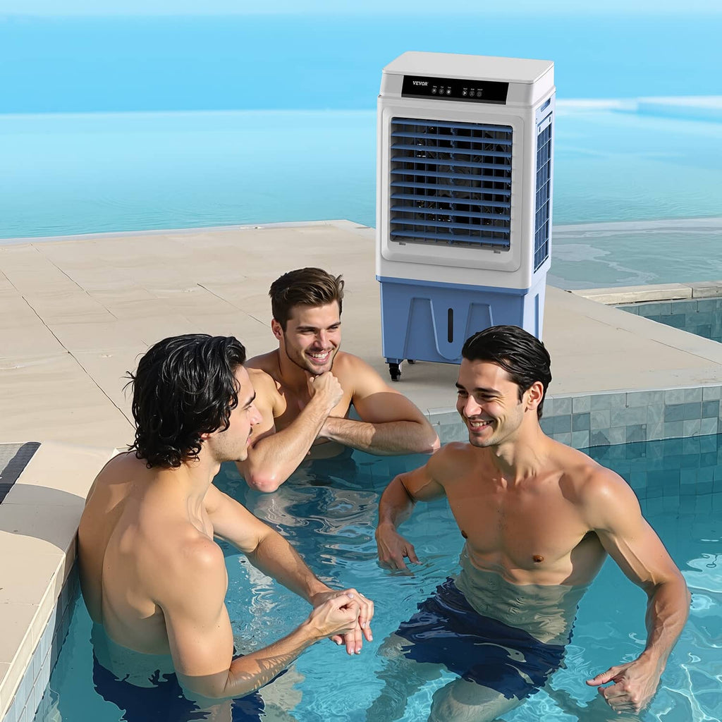 Portable evaporative air cooler with blue-and-white body near swimming pool