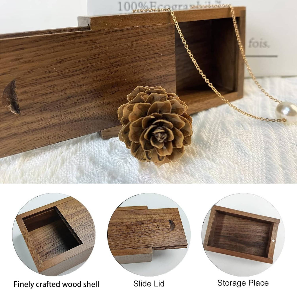 Small wooden gift box with sliding lid, open showing empty storage area
