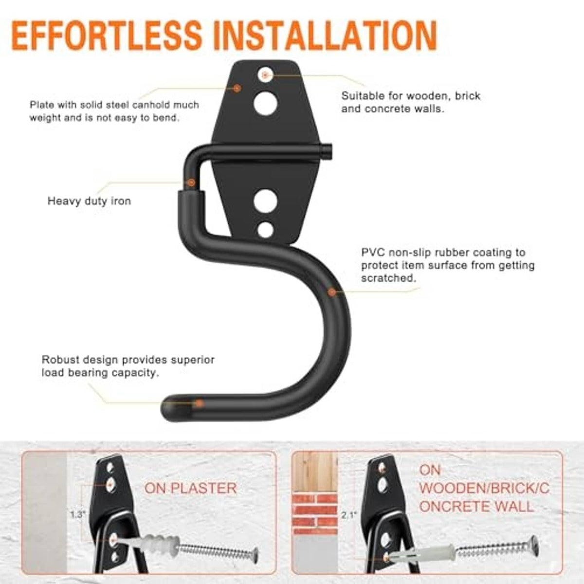 Black heavy-duty S hook with rubber-coated curved arm and wall mounting plate