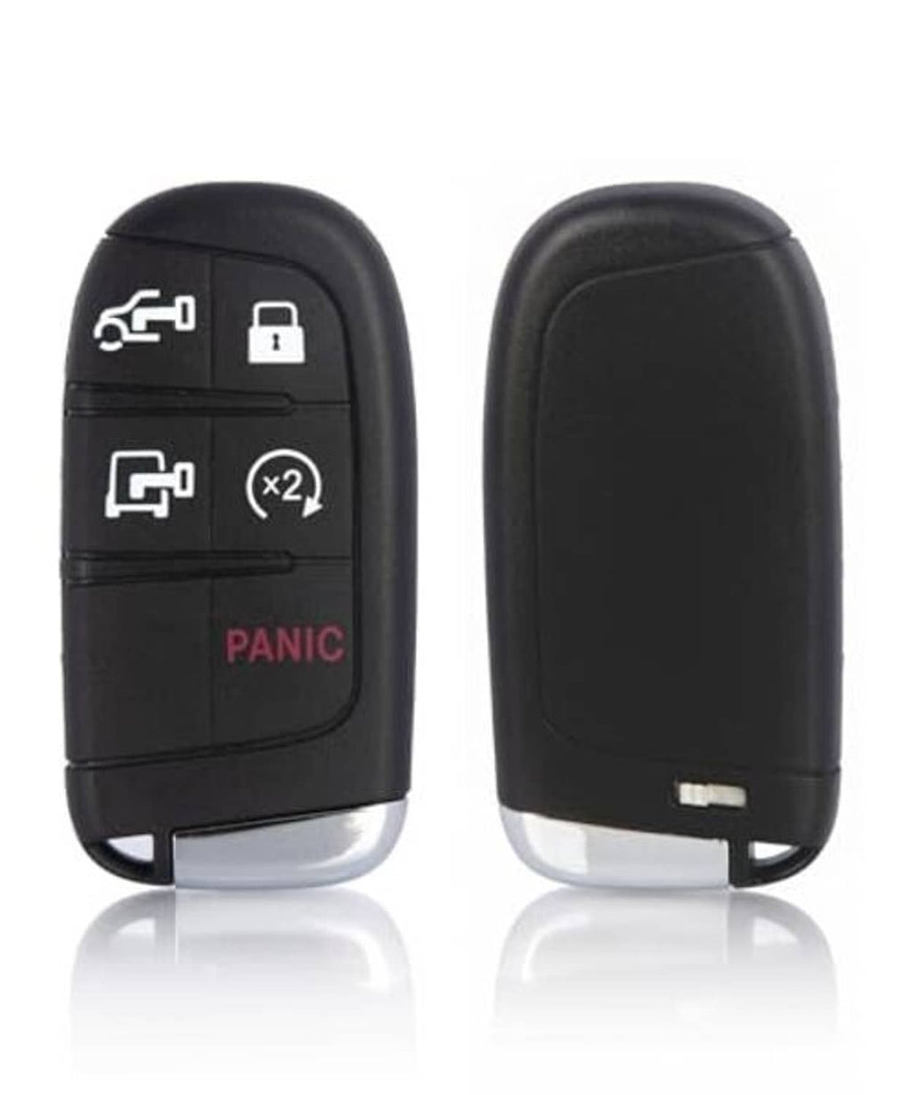 Black smart key fob front and back view with lock, unlock, remote start, and panic