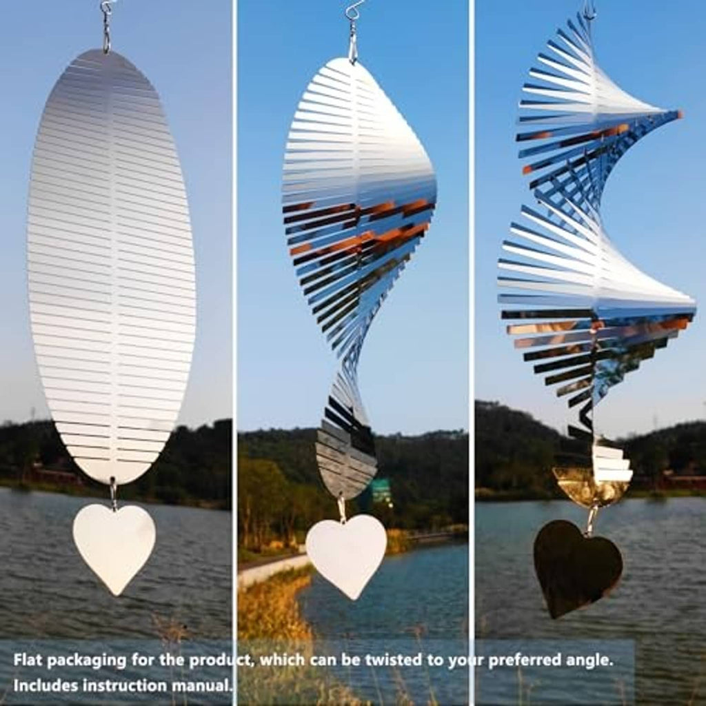 Bird deterrent mirror wind spinner with heart charm, reflective wing shape shown from angles