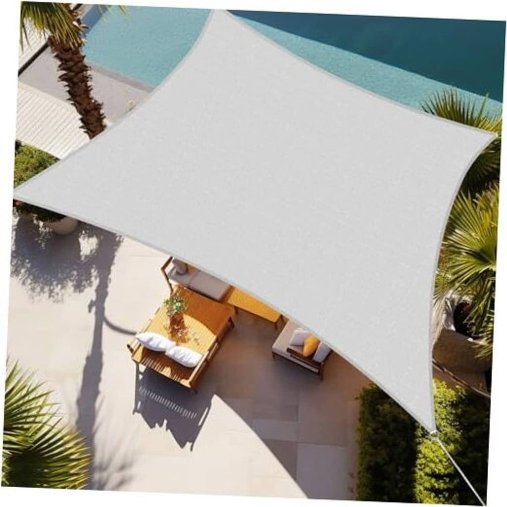 Light grey rectangle sun shade sail canopy over patio seating, stretched with corner grommets
