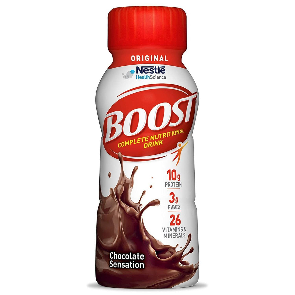 Chocolate Boost ready-to-drink nutritional bottle with red cap and label