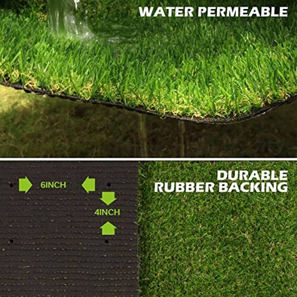 Artificial grass turf edge with visible dark rubber backing and layered thickness