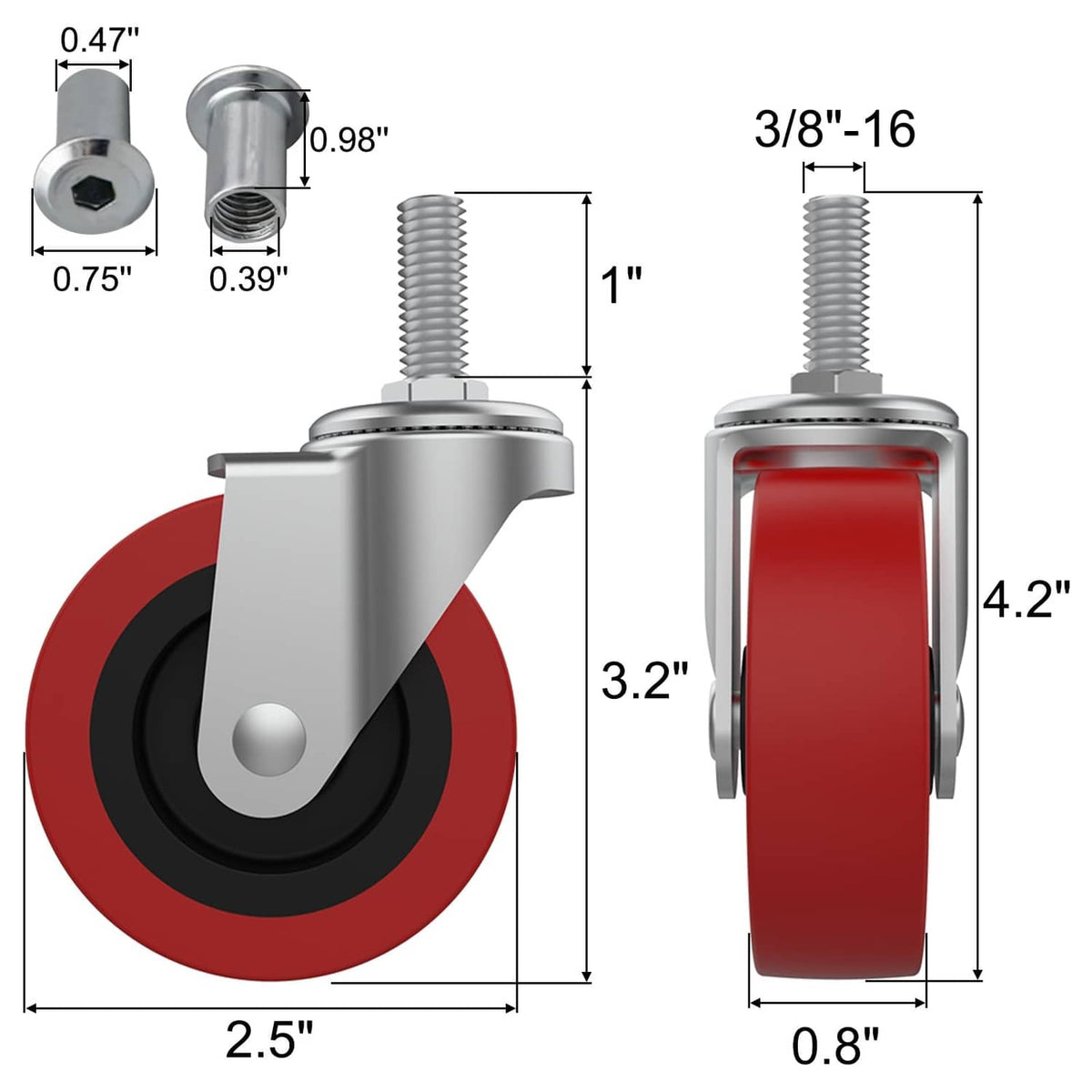 2.5-inch heavy-duty swivel caster wheel with red wheel, black core, silver bracket and stem