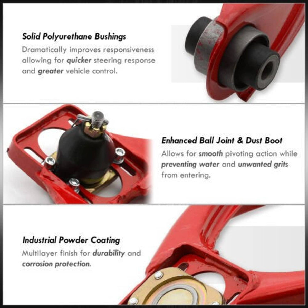 Red control arm components showing bushings, ball joint, and dust boot