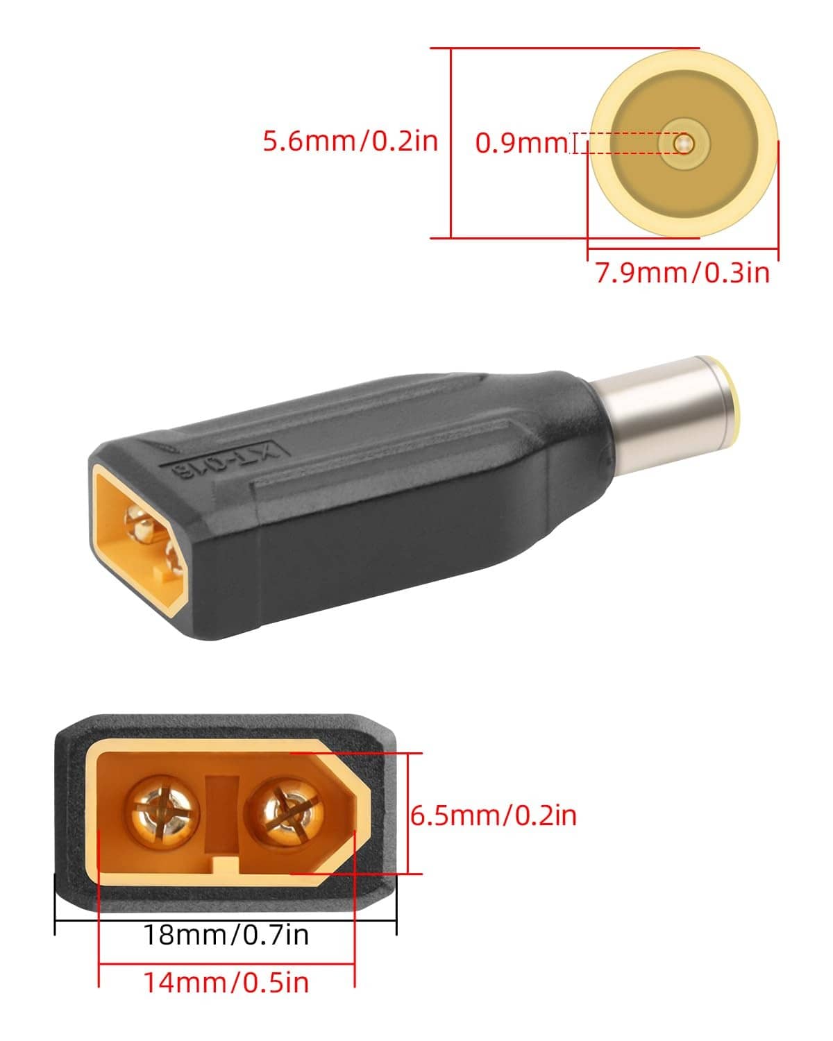 Black DC7909 male connector plug, dual gold-pin terminals, side view