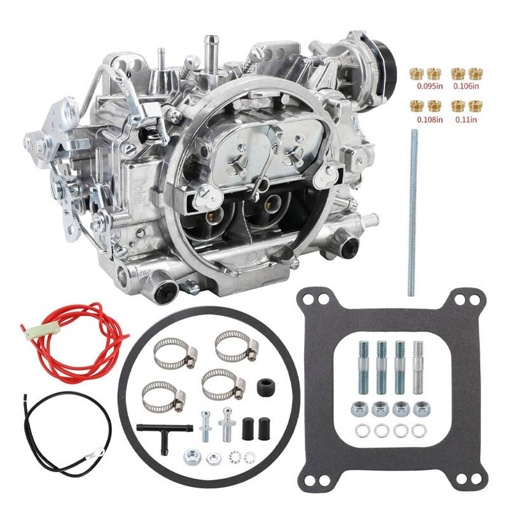 Four-barrel carburetor kit with gasket panels, hoses, and hardware, angled assembly view.