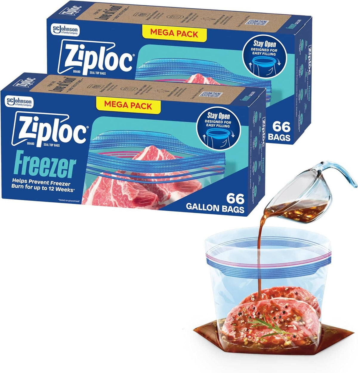 Ziploc gallon freezer storage bags, 66-count mega pack box with stay-open design