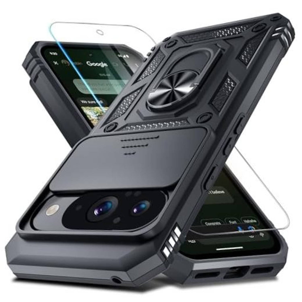 Rugged black phone case for Google Pixel 10/10 Pro with camera slide cover and kickstand