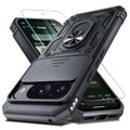 Rugged black phone case for Google Pixel 10/10 Pro with camera slide cover and kickstand