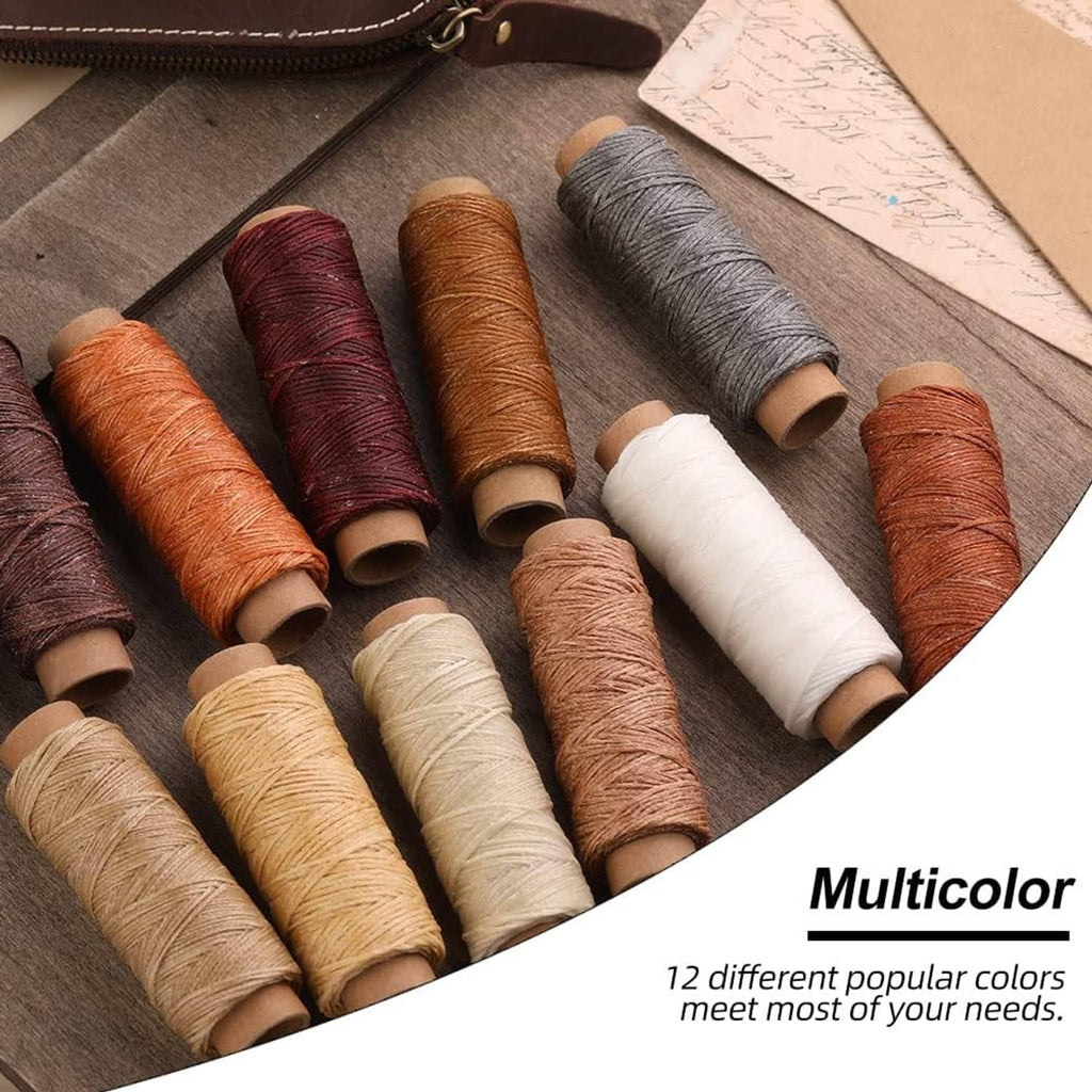Multicolor waxed thread spools on craft fabric, including gray, tan, rust, and maroon