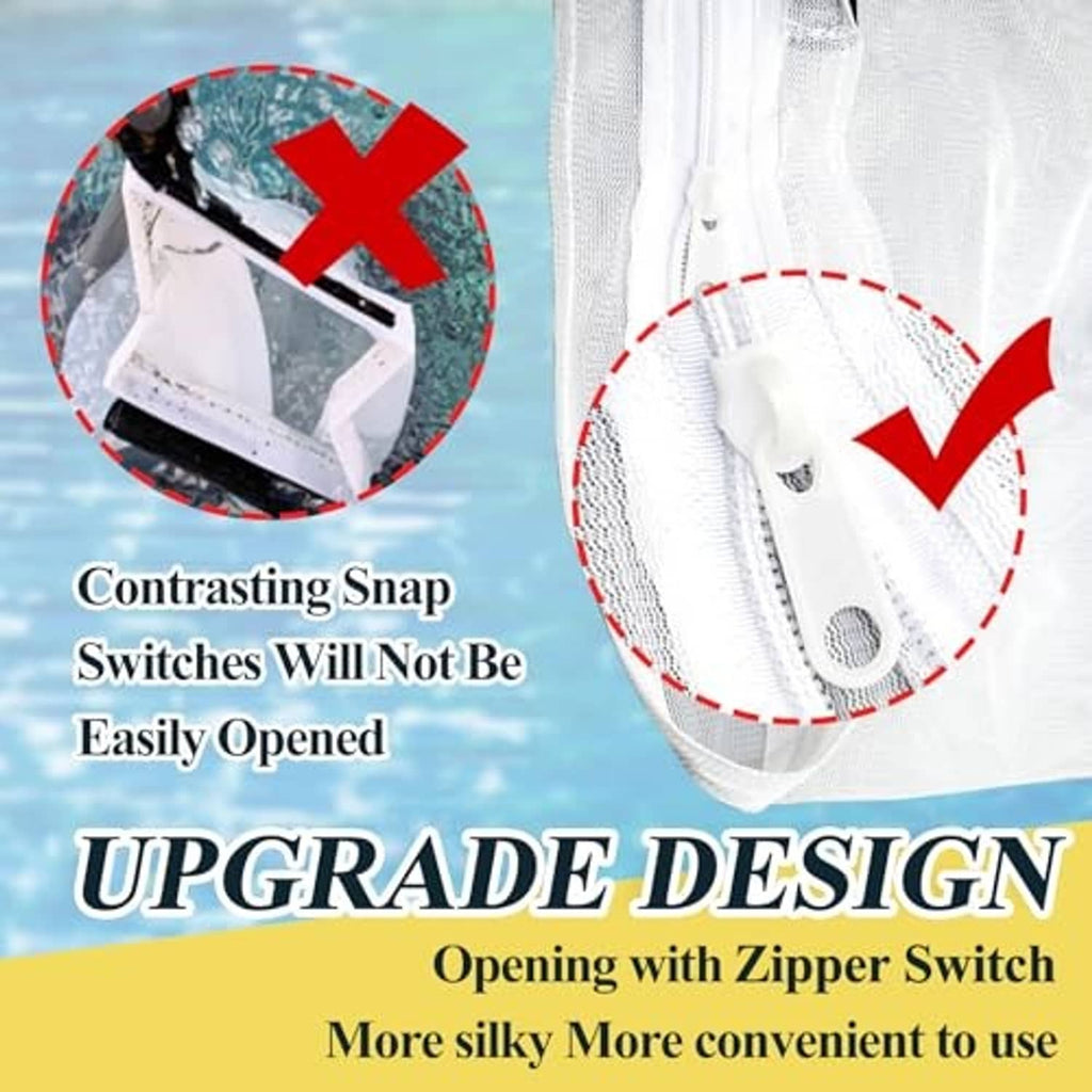 White debris bag with zipper-style opening and fine mesh, side view
