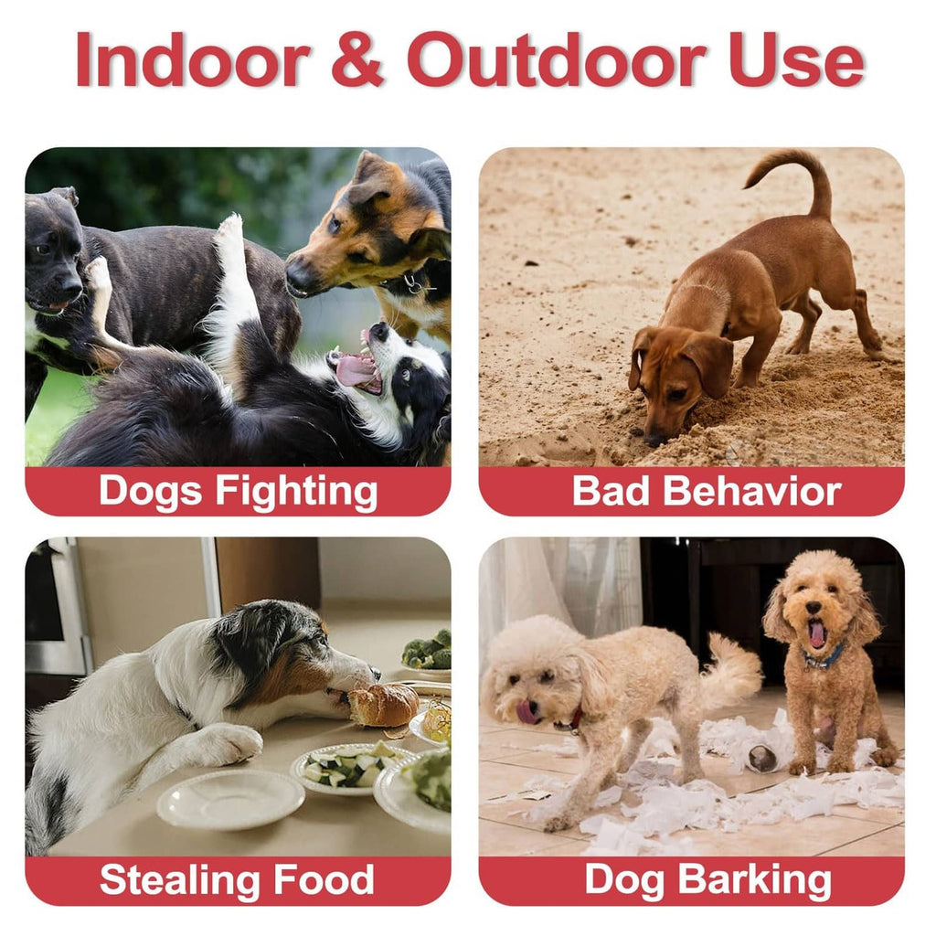 Pet spray use guide showing four dog behavior situation photos in rounded boxes.